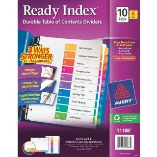   Index Table of Contents Dividers, 10 Tab, Multi Color, 6 Sets (11188