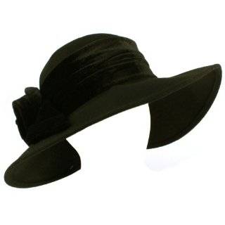   Winter Velvet Floral Hatband Wide Brim Floppy Bucket Church Hat Black