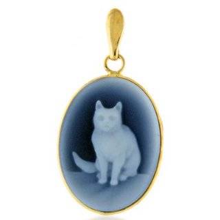 14K Yellow Gold Blue Agate Cat Cameo Pendant
