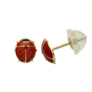 14K Gold Stud Earring Lady Bugs W/ Red CZ Stone Yellow Gold Earring 