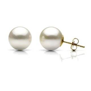  9 10mm White South Sea Pearl Stud Earrings with 14K Yellow 