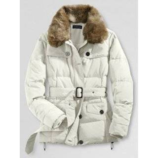 Lands End Luxe Down Jacket Ivory Faux Fur Trim Winter Coat Womens