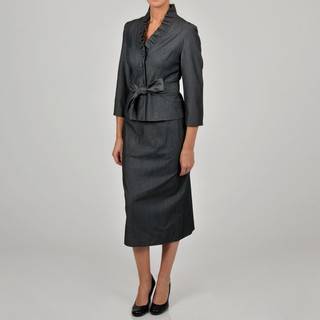Sharagano Womens Indigo Ruffle Belted Jacket Skirt Suit
