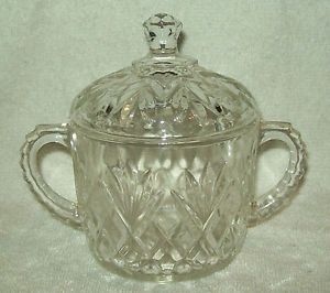 Anchor Hocking Clear Diamond Glass Prescut Pineapple Handled Sugar Bowl w Lid