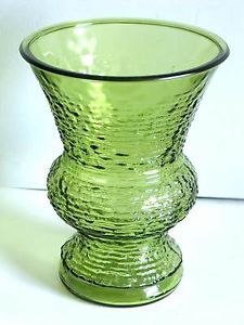 1960s Anchor Hocking Soreno Avocado Green Ripple Glass Vase 8" Retro Mint