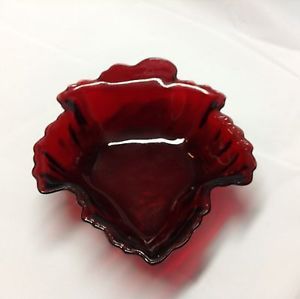 Vintage Anchor Hocking Ruby Red Depression Glass Leaf Shaped Nut Bowl Dish