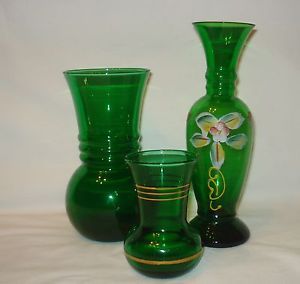 3 Vintage Forest Green Glass Vases Anchor Hocking Hand Painted Vase