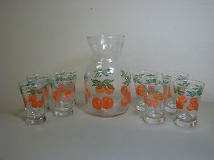 Vtg Anchor Hocking Orange Juice Carafe Pitcher and 10 Juice Flared Glasses
