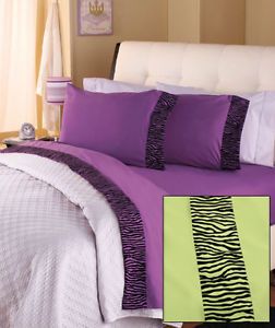 New Twin Zebra Print Lime Green Black Wrinkle Resistant Bed Sheet Set