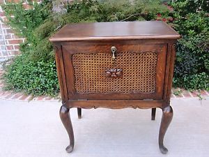 Antique English Oak Queen Anne Caned Fall Front Chest End Table Nightstand