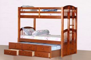 Honey Oak Finish Wood Twin Size Bunk Bed Bunkbed with Trundle Storage Drawers