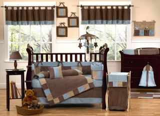 Unique Discount Brown and Blue Boutique Designer 9pc Baby Boy Crib Bedding Set