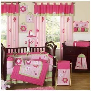 JoJo Designs Pink Green Flower Garden 11 PC Baby Girl Crib Bedding Set Cute