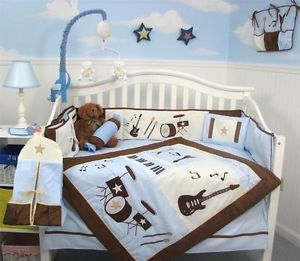 Blue Brown Rock Band Baby Crib Nursery Bedding Set 13 Pcs Included Diaper Bag