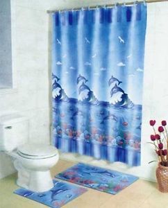 15pc Set Bath Bathroom Rug with Shower Curtain Dolphin Lt Blue BTS 940