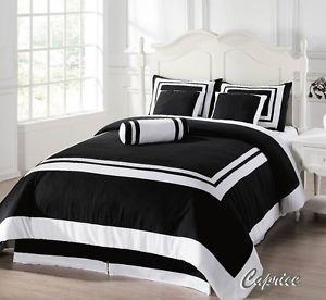 7pcs Caprice Black White Hotel Comforter Set Bed in A Bag Full Size