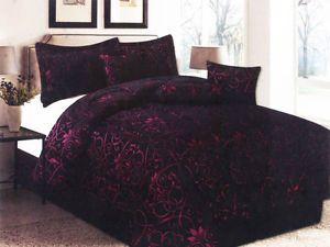 7 PC Luxurious Floral Jacquard Comforter Set Black Purple Bed in A Bag Queen