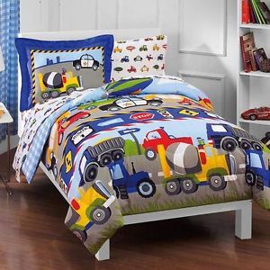 Twin Boys Red Blue Road Work Trucks Comforter Sheets Bed in A Bag Bedding Set