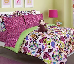 Fabian Heart Peace Sign Twin Bed in A Bag Comforter Bedding Set Stuffed Monkey
