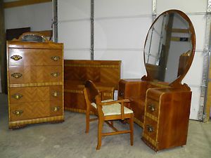 Art Deco Waterfall Bedroom Set Bed Vanity w Chair Chest of Drawers