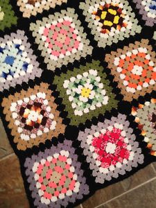 Crochet Afghan Throw Blanket Granny Squares Black Border Bright Colors