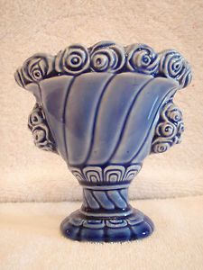 Vintage German Pottery Small Blue Color Fan Shaped Bud Vase Made Germany 492 1