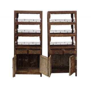 Pair Chinese Antique Bamboo Bookcase Flower Vase Carving Display Cabinet WK2167A