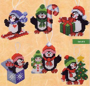 Plastic Canvas Christmas Ornaments Kit "Penguin Ornaments" Snowman Set of 6 RARE