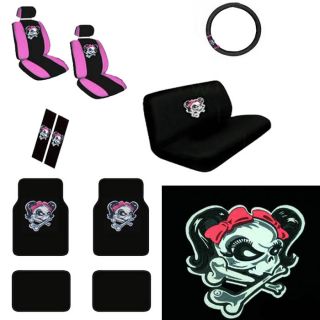 15pc Car Seat Cover Set Lady Skull Girl Pink Bow Floor Mat Wheel Belt Head Rest