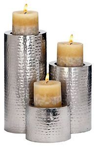 Modern Silver Dimpled Metal Pillar Candle Holder Set 3 Home Decor New Lot U34569