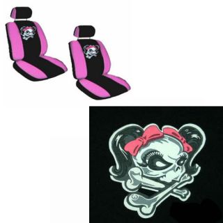 11pc Set Lady Skull Skeleton Girl Pink Bow Black Car Seat Cover Steering Wheel