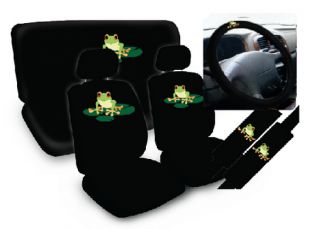 11 PC Complete Set Green Frog Animal Car Seat Covers Wheel Belt Front Rear