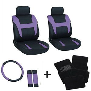 13pc Front Bucket Chair Seat Cover Set Purple Black Wheel Belt Head Floor Mat