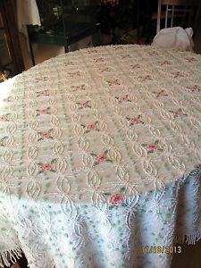Vintage Chenille Bedspread Pink Flowers Cutter Bright White