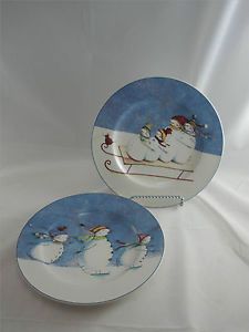 Oneida Snow Family Fun Salad Dessert Plates Christmas Snowman Stoneware 8 1 4"