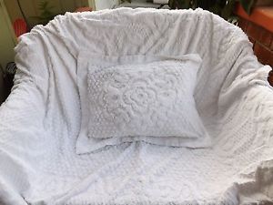 Vintage Cottage Style White Chenille Bedspread and One Pillow Sham