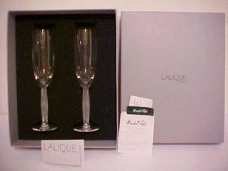 Exquisite Lalique Crystal Champagne Flutes Diamond Stemware 2 Orig Box Mint