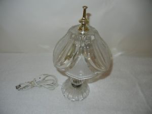 Heavy Cut Glass Crystal Table Lamp Frosted Crystal Shade Leaf Pattern Brass Stem