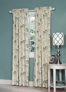 Refreshing Blue Green Ivory Flower Vine Design Lined Rod Pocket Curtains