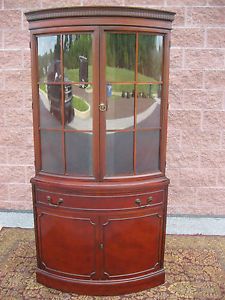 1940s Fine Antique Mahogany Corner Cabinet China Cabinet Curio Display Bow Front
