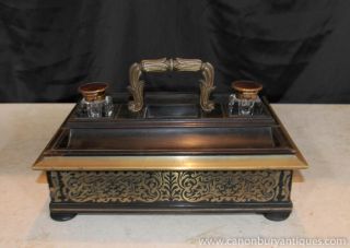French Antique Boulle Inlay Inkwell Desk Writing Set 1840