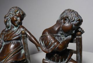 Vintage Set of Two Bronze Sculptures Figurines of Children Sitting on Chairs