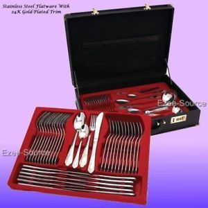 72pc Surgical Stainless Steel Flatware Gold Trim Set