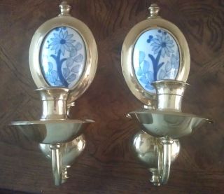 Vtg Set of 2 Metal and Blue Ceramic Sconces Wall Hanging Candle Holders