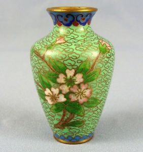 Antique Chinese Green Pink Cherry Blossom Floral Cloisonne Enamel Brass Bud Vase