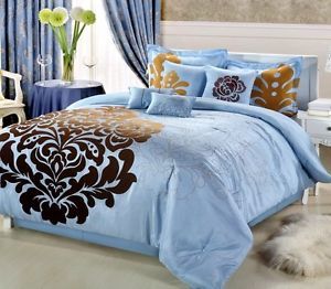 8 PC Luxury Lakhani Brown Blue Bed in A Bag Comforter Set