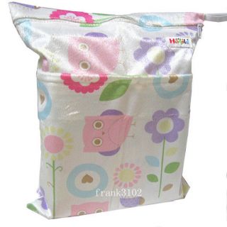 Wet Dry Bag Baby Cloth Diaper Nappy Bag Waterproof Reusable Owl Print Two Zips
