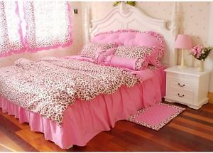 Princess Leopard Bowknot Ruffle Pink Bedding Bed Skirt Duvet Cover Pillowcases