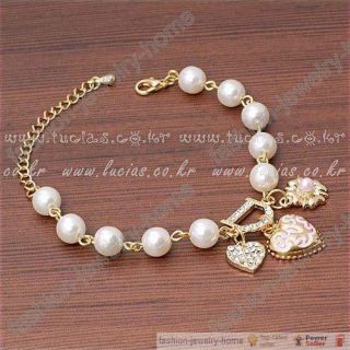 Fashion Fine Glass Pearl Crystal Heart Flower Charms D Chain Extension Bracelet