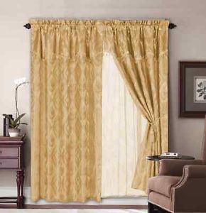 Window Curtain Jacquard Panel w Fringed Valance 54x84 Gold